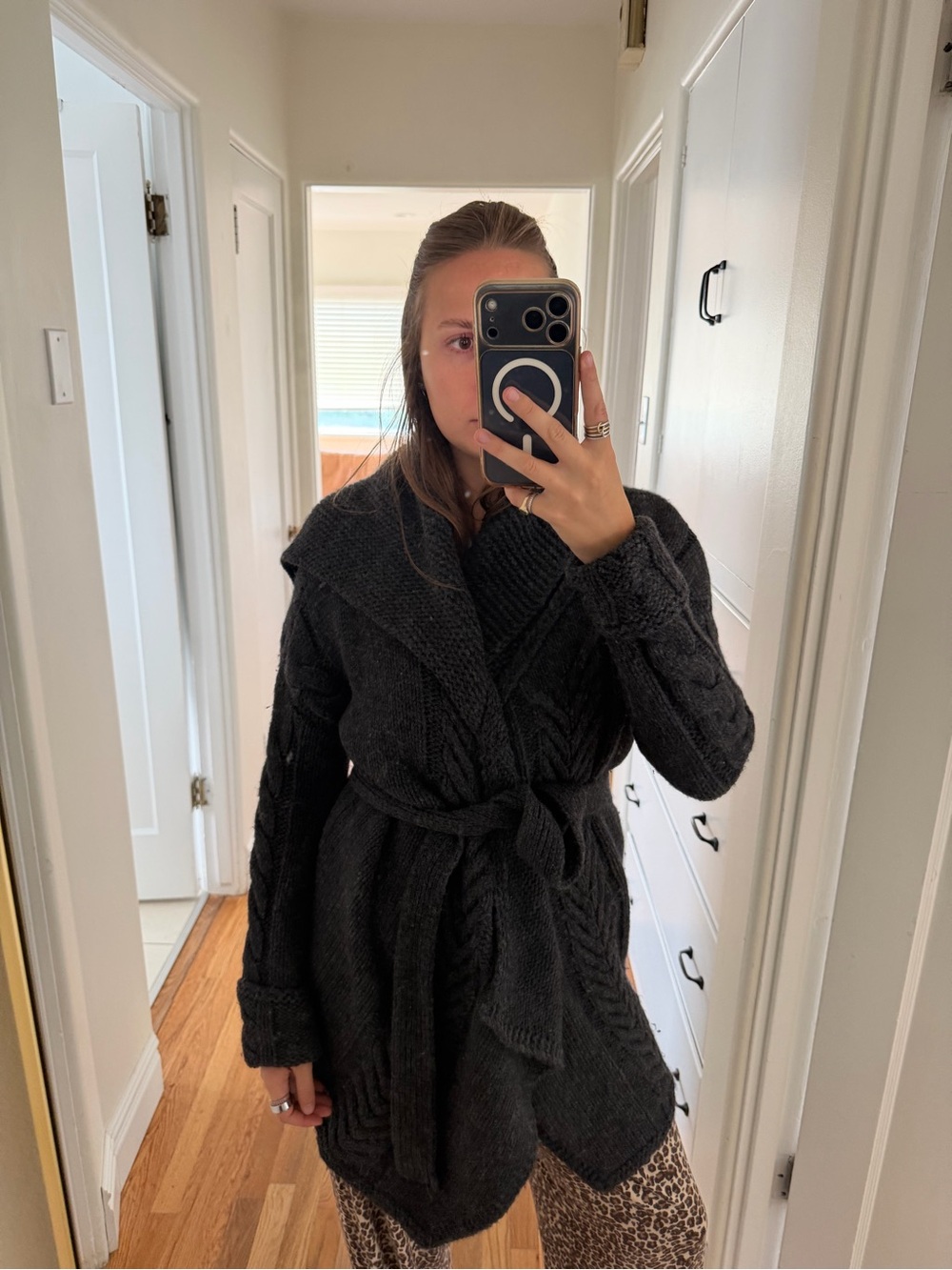 Vince Cozy Belted Cable-Knit Cardigan Sweater - Black
